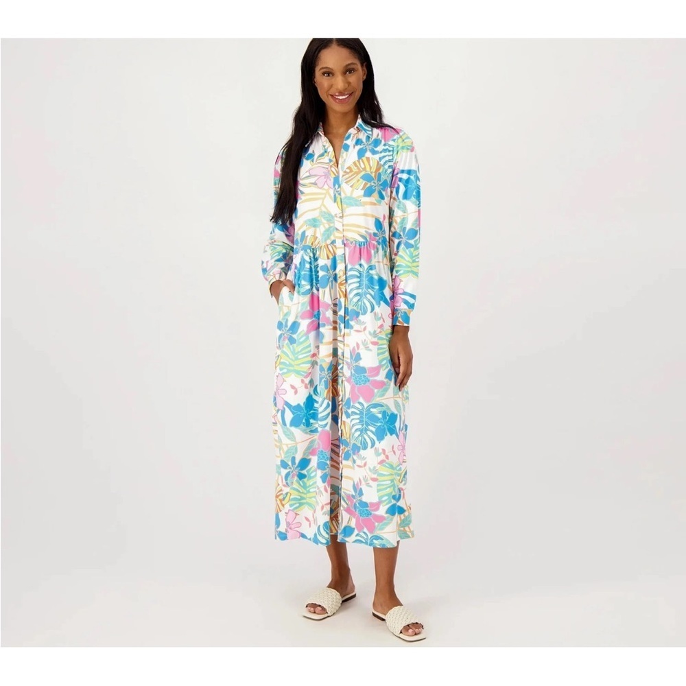 Tolani Martina Blue Tropical Floral Maxi Shirt Dress Resort Vacation M NWT